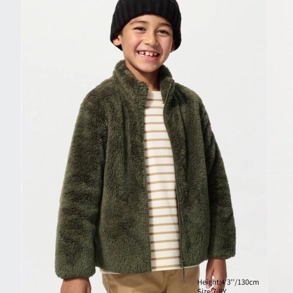 UNIQLO Kids Fluffy Yarn Fleece Zip Jacket Olive Green Size 11-12Y